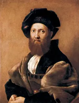 Drucke von Raphael (* 1483; † 1520). Porträt von Baltasar Castiglioni. Renaissanceskunst, Cinquecento, Ölfarbe auf Leinwand Raphael Drucke: Raphael, geboren 1483 und gestorben 1520