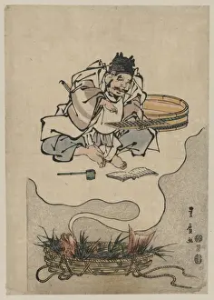Japanese Prints Drucke: The red snappers dream: Ebisu using an abacus