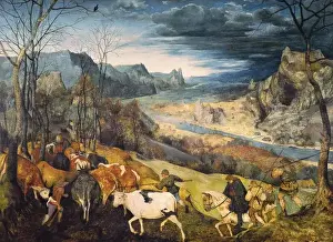 Drucke von Die Rückkehr der Herde, 1565. Bruegel, Pieter Der Ältere (1525–1569). Werk aus einer Reihe von Gemälden zu den Jahreszeiten geteilt in sechs Malereien Pieter Bruegel Der Ältere Drucke: Die Rückkehr der Herde