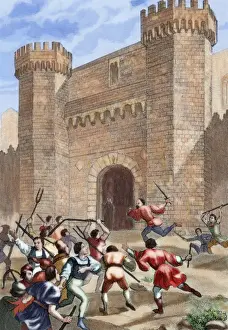 Colored Engraving History Drucke: Revolt of peasants. Spain