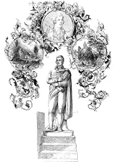 Drucke von Ein Grabmal mit der Statue von Robert Burns durch Flaxman im Mittelpunkt, umgeben von zwei Szenen aus seinem Leben und einem weiteren Porträt Robert Burns Drucke: Statue von Robert Burns, 1844
