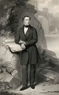 Drucke von Robert Stephenson Ingenieur und Designer des Menai-Bridges Darstellung, die ihn mit einer Felswand gegenüber zeigt Anglesey Drucke: Robert Stephenson und Lucas