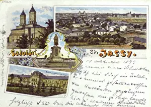Drucke von Szenen aus Iași, Rumänien, einschließlich des moldauischen Königshofs (unten links), einer allgemeinen Ansicht über die Stadt Rumänien Drucke: Rumänien - Iași - Verschiedene Ansichten.