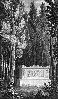 Drucke von Jean Jacques Rousseaus Grab : Seine Überreste werden jedoch im Jahr 1794 nach dem Panthéon nach Paris übertragen . Datum : 1712-1778 Pantheon Drucke: Jean-Jacques Rousseaus Grabmal