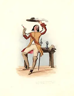 Handcolored Engraving Artwork Drucke: Royalist or cavalier from the time of the Commonwealth