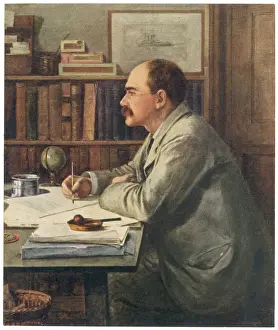 Drucke von Englischer Schriftsteller Rudyard Kipling (1865-1936), am Schreibtisch arbeitet K Drucke: Rudyard Kipling am Schreibtisch