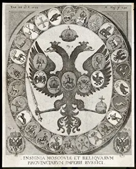 Drucke von Der russische Zarin zweiköpfige Adlern mit umgebenden Wappen der Provinzen des Russischen Reiches Russland Drucke: Russischer Kaiseradler