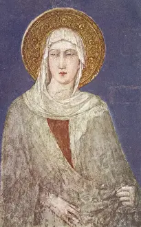 Drucke von Ein Detail darstellend die Heilige Klare (geboren Chiara Offreduccio *1194-1253*) aus einem Fresko (*1312*), von Simone Martini in der unteren Basilika San Francesco, Assisi. Datum: um 1910er Jahre Simone Martini Drucke: Heilige Klara von Assisi