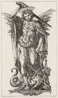 Drucke von SANT MICHAEL ist der Kriegerengel und hat den Teufel auf seinen Waage abgewogen und ihn mangelnden Gewichts erkannt; nun hebt er sein Schwert an um ihn zu töten Luzifer Drucke: Heiliger Michael