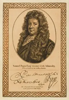 Drucke von Samuel Pepys Staatsmann, Sekretär des Admiralitätshafens führte ein Tagebuch mit seinem Autogramm Porträt Drucke: Samuel Pepys