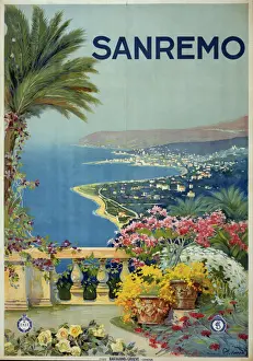 Drucke von Sanremo, Plakette mit Ansicht der Küste von San Remo aus einer Terrasse, Datum um 1920 Ligurien Drucke: Sanremo