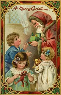 Vintage Christmas Presents Drucke: Santa bringing presents