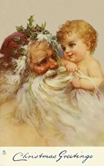 Early 20th Century Christmas Art Drucke: Santa and child