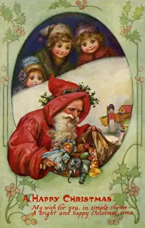 Vintage Christmas Illustration Drucke: Santa loading his sack
