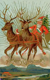 Drucke von Santas und seine Rinder fliegen durch den Himmel mit einem Wagen voller Weihnachtsgüter Cervidae Drucke: Sankt Nikolaus und Rinder