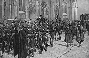Schottische Garde durch Kölne marschieren im Ersten Weltkrieg