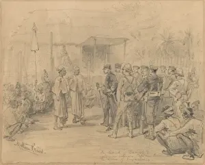 Drucke von Nach den Däkoiten. Zeichnung mit Stift von Melton Prior, um 1885 (c). Gespräch zwischen Kapitän Woodward und einem nativen Chief. Verbunden mit dem dritten Birmanischen Krieg. Datum: ungefähr 1855 Melton Prior Drucke: Nach den Dämonen der Straße suchen