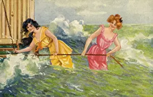 Early 20th Century Bathing Drucke: Seashore. Bathing machine