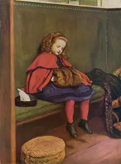 Drucke von Der zweite von zwei sentimentalen Bildern des Pre-Raphaeliten Malers John Everett Millais (1829-1896), die eine kleine Mädchen mit einem roten Mantel und Fellmütze trägt Schlafzimmer Drucke: Mein zweiter Predigt