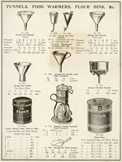 Drucke von Eine Auswahl von Schläufeln, Lebensmittelwärmern und Mehlbehältern. Datum: um 1900 Küche Drucke: Eine Auswahl von Schüsseln, Wärmer für Lebensmittel und Mehlbehältern