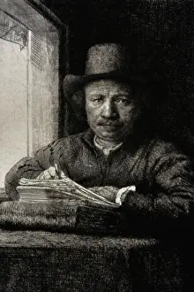 Dutch Golden Age Artwork Drucke: Self-portrait etching at a window, 1648, by Rembrandt (1606