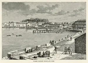 Drucke von Goree-Insel vor Dakar in Senegal (Westafrika): Blick auf den Landungssteg und das Festungsbauwerk Dakar Drucke: Sénégal / Goré 1847