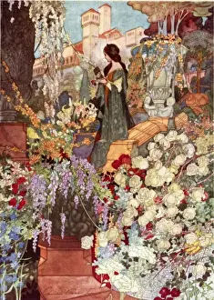Drucke von Illumination von Charles Robinson zeigt einen prächtigen Garten, der überströmt mit reichen Blüten und Pflanzen, in dessen Mitte eine römantisch gekleidete Dame steht Karl Robinson Drucke: Die empfindliche Pflanze / Robin Hood