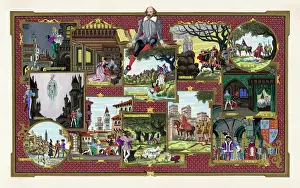 Drucke von Der Schriftsteller, mit Szenen aus zwölf seiner Stücke – einschließlich einem prächtigen Geist seines Vaters Hamlet William Shakespeare Drucke: Shakespeareszenen