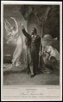 Drucke von Akt I, Szene II Während Miranda schläft, fragt Prospero Ariel, ob er die Aufgabe ausgeführt hat, den Sturm zu lenken, wie ich dir befohlen habe Ariel Drucke: Shakespeare: Der Sturm.