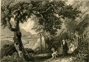 Drucke von Shakespeares Sturm auf der verzaubernden Insel mit Prosperos Zelle und den Charaktern Mirandas und Ariels aus dem 19.Jahrhundert Ariel Drucke: William Shakespeares Zelle im Sturm