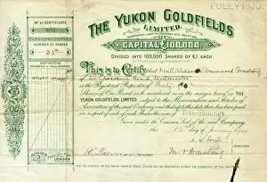 Drucke von Ein Aktienzertifikat für die The Yukon Goldfields Limited, repräsentiert 35 Aktionen Verwandte Bilder Drucke: Bewilligungsbuch für die Yukongoldgruben