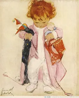 Drucke von Ein kleiner Junge mit einem Haarstrich rot kämpft sich aufs Bett, umgeben von einer Kleidung und so vielen Spielzeugen wie möglich Muriel Dawson Drucke: Seine Mitte von Muriel Dawson