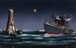 Lighthouse At Night Drucke: Ship sails past lighthouse