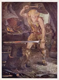 Nordische Mythologie Drucke: Siegfried schmiedet Notung