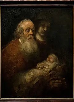 Drucke von Rembrandt Harmenszoon van Rijn (1606-1669). Niederländischer Maler . Simeon im Tempel um 1668 - 1669 . Nationales Museum , Stockholm, Schweden Rembrandt Drucke: Rembrandt malt Simeon im Tempel um 1668/69