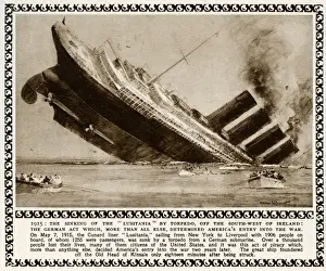 Drucke von Die Sinking der britischen Ozeanlinie RMS Lusitania am 7 Mai 1915 durch einen Torpedoinland von Irland, die deutsche Aktion, die Amerika mehr als alles andere bestimmt hat Historische Ereignisse Drucke: Untergang der Lusitanien