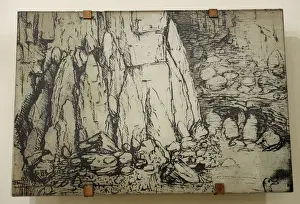 Drucke von Zeichnung für die Gemälde vonLeonardo von Da Vinz zur Schöpfung der Berge Maria vom Felsen Studium von Gesteinen Kopie Das Wissenschaftsmuseum des Leonardo v.d.Vinci Mailand Italien Leonardo Da Vinci Drucke: Entwurfszeichnung für ein Gemälde von Leonardo da Vinci zur Schönheit der Jungfrau
