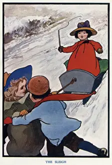 Drucke von Ein Kegelwagen wurde durch Entfernen der Räder in einen Schlitten umgewandelt, aus dem eine junge Mädchen aufsteht und von zwei anderen Kindern gezogen wird. Datum: 1906 Karl Robinson Drucke: Die Schlitten von Charles Robinson