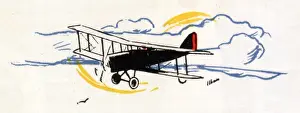 Vintage Flying Machine Drucke: A small biplane flying through the clouds