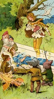 Drucke von Schneewittchen and die sieben Zwerge. Künstler: Anon. Ein Märchen der Brüder Grimm. Die Zwerge legen sie in eine Glas-Sarg Gebrüder Grimm Drucke: Schneewittchen und die sieben Zwerge