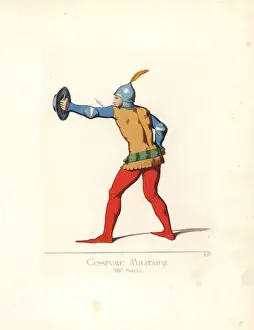 Historical Armor Illustrations Drucke: Soldier with small shield, sword and plumed