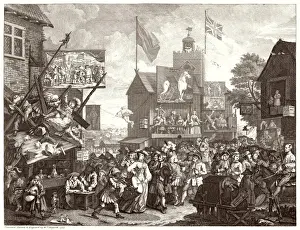 Drucke von Southwark Fair Verschiedene Künstler konkurrieren, um die Aufmerksamkeit des Publikums zu gewinnen William Hogarth Drucke: Southwark Fair / Hogarth
