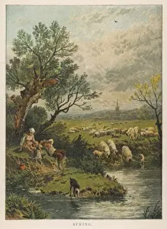 Spring Landscape Painting Drucke: Spring / Sheep / River 1881