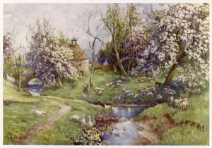 Drucke von Ein idyllischer Bach im englischen Landesinneren mit Gänse am Ufer und Schwimmen, und eine Herde Schafe unter der Blüte des Quellenbecks Verwandte Bilder Drucke: Bach mit Gansen