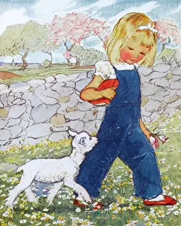 Drucke von Frühlingszeit von Muriel Dawson - eine kleine Mädchen mit einem Frühjahrskuhhund Muriel Dawson Drucke: Frühlingszeit von Muriel Dawson