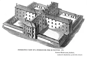 Historical Workhouses UK Drucke: Square workhouse, perspective view