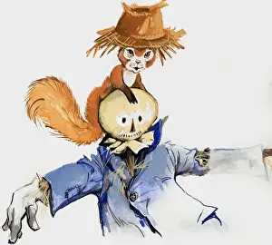 Wildlife In The Countryside Drucke: Squirrel on a scarecrow