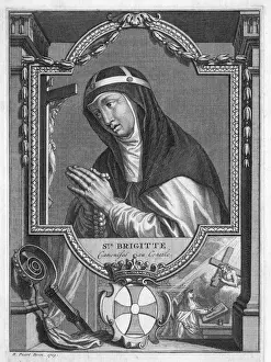 Drucke von Heilige Birgitta Schwedische Heiligschwester, die in Gebet vor einem Kreuz dargestellt ist. Datum: UMGANGSZEIT (ca. 1303 bis 1373) Schweden Drucke: Birgitta von Schweden