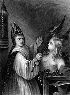 Drucke von Erzbischof von Canterbury und Heiliger Künstler werden manchmal ihn mit dem Teufel am Nasenrücken in einem Paar Zangen darstellen. Datum: 924-988 Der Heilige Dunstan Drucke: Der Teufel und St Dunstan