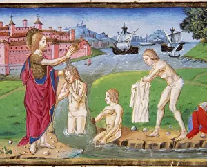 Renaissance Religious Artworks Drucke: St. John the Baptist baptizing in the Jordan River. Codex of
